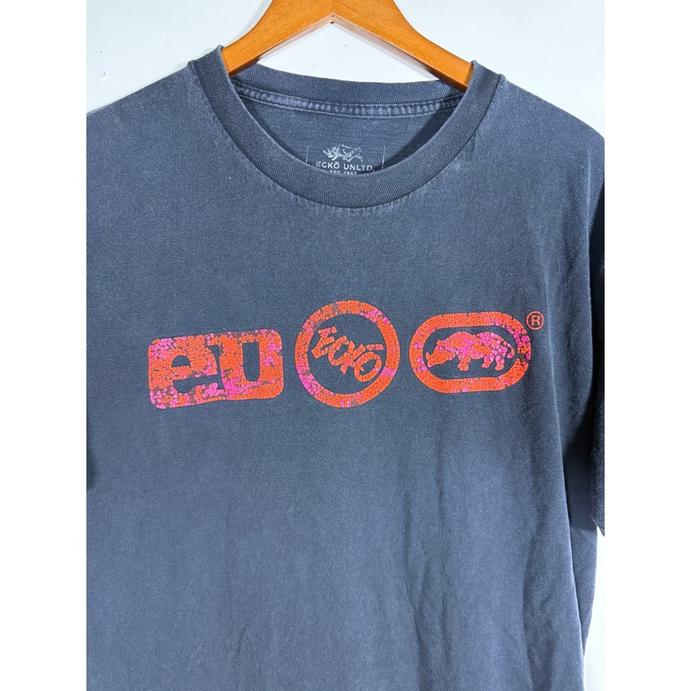 Ecko Unltd Mens Large Black Graphic T-Shirt Orange Pink Rhino Logo Streetwear